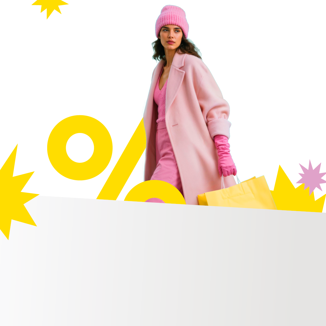 kobieta ubrana na różowo z torbą zakupową